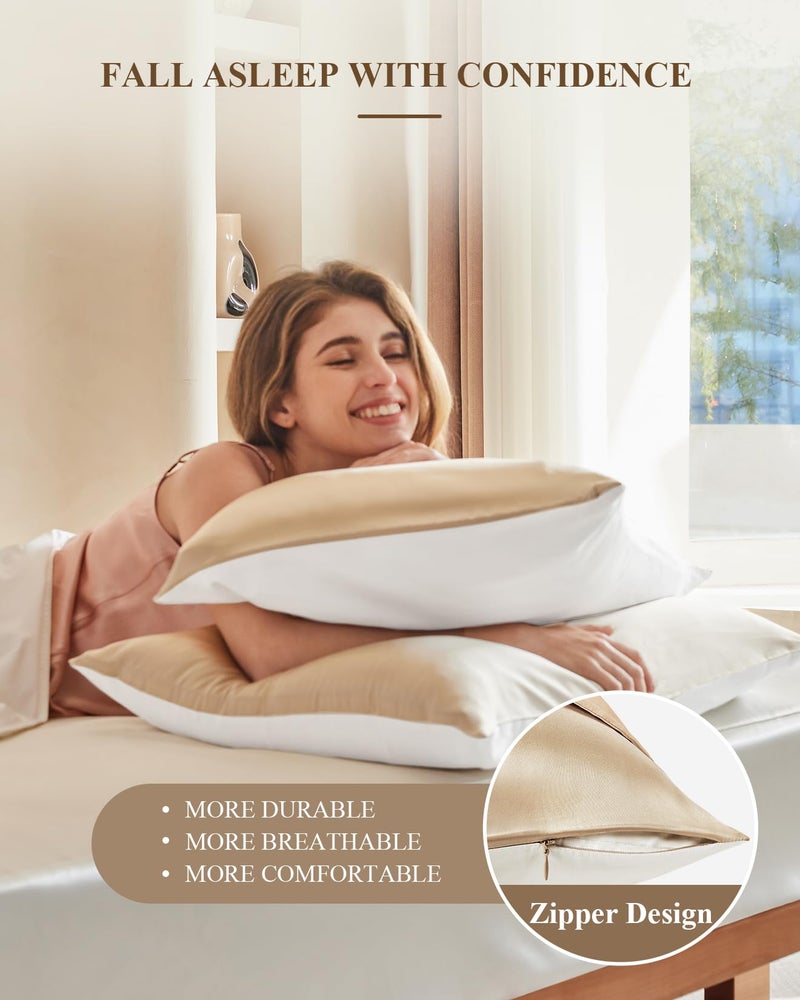 THXSILK 100% Mulberry Silk Pillowcase with Cotton Underside, Silk Pillowcase for Hair and Skin, Standard Size Grade 6A+ Silk, Soft Breathable Pillow Cover with Zipper, 1 Pack (Champagne,Standard) - Image 3